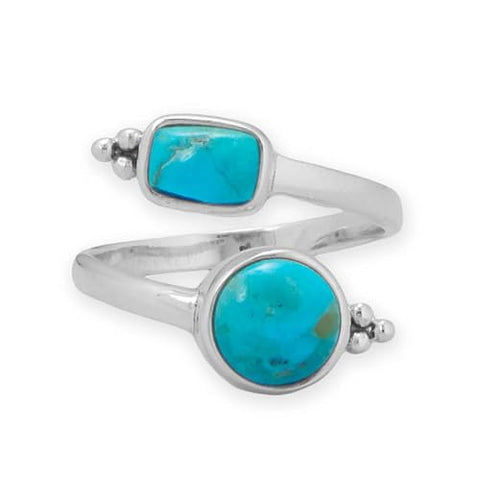 Two Stone Reconstituted Turquoise Wrap Ring Sterling Silver Adjustable Size
