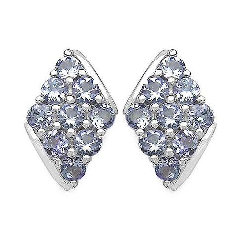 Genuine Tanzanite Cluster Stud Earrings Rhodium on Sterling Silver 1.80 CTW