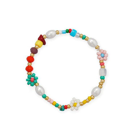Stretch Friendship Bracelet with Multicolor Flowers and Imitation Pearls