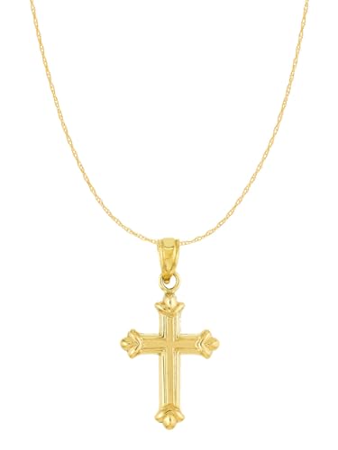 14k Yellow Gold Cross Pendant Necklace with Fleuree Design 25x12mm with Chain