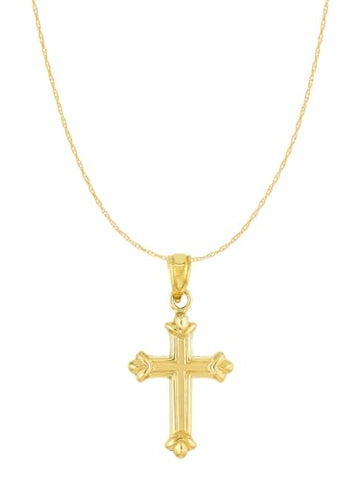 14k Yellow Gold Cross Pendant Necklace with Fleuree Design 25x12mm with Chain