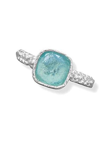 Ancient Roman Glass Ring Handmade in Israel Sterling Silver with Pebble Bead Texture Band