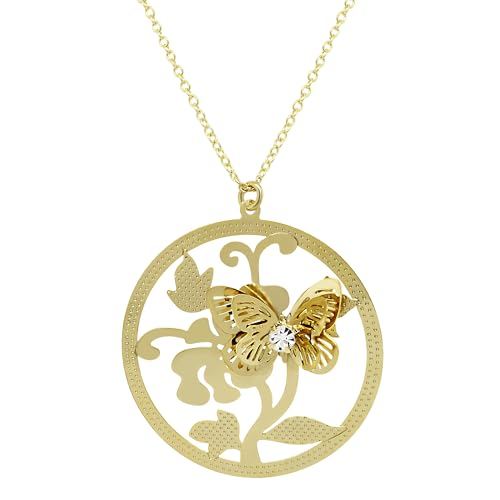 Butterfly Pendant Necklace with Crystal Accent and 3D Wings Adjustable Gold Plated