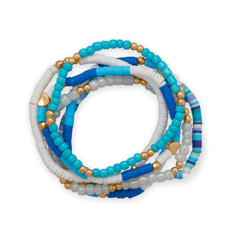 Friendship Stretch Bracelet Set of Six Blue White Gold Tone Beads