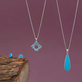 Synthetic Blue Opal Pendant Rhodium-plated Sterling Silver Teardrop Shape