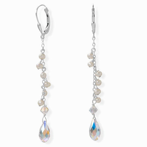Sterling Silver Cultured Freshwater Pearl and Crystal Dangle Earrings