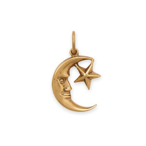 Man in the Moon and Star Charm Gold-plated Sterling Silver, Made in the USA
