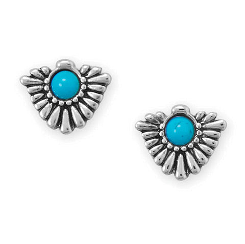 Southwestern Fan Design Imitation Turquoise Stud Earrings Rhodium on Sterling Silver