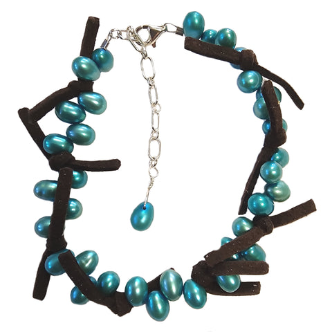 Teal Dyed Cultured Freshwater Pearl Bracelet with Suede Bows Adjustable Length
