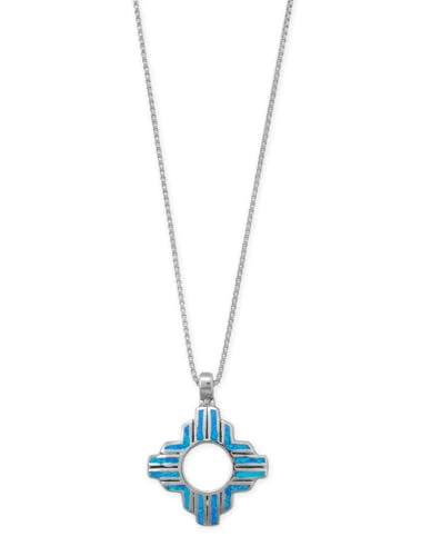 Sterling Silver Synthetic Blue Opal Zia Sun Symbol Pendant Necklace, Box Chain, Southwest Native American Style