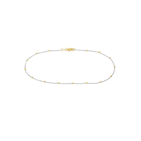 14k Two-tone White and Yellow Gold Satellite Bead Curb Chain Anklet Ankle Bracelet
