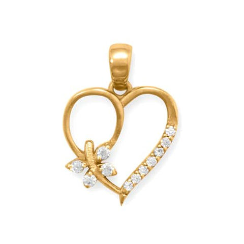 Heart with Butterfly Pendant 14k Gold-plated Silver and Cubic Zirconia