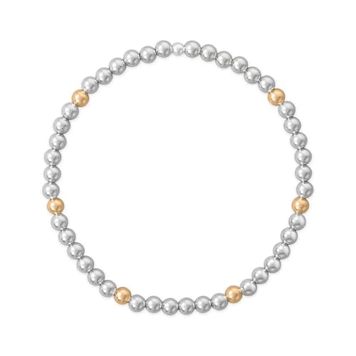 Sterling Silver 4mm Bead Stretch Bracelet with Yellow Gold-filled Accents Made in the USA