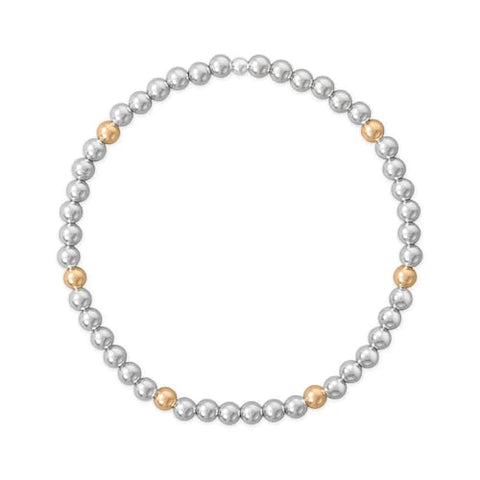 Sterling Silver 4mm Bead Stretch Bracelet with Yellow Gold-filled Accents Made in the USA