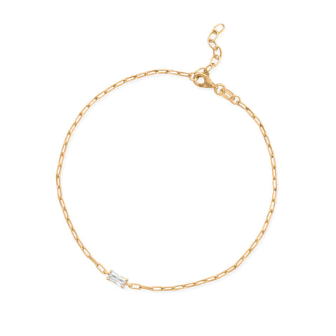 14k Gold-plated Paperclip Chain Anklet with Baguette Cubic Zirconia Adjustable Length, 9