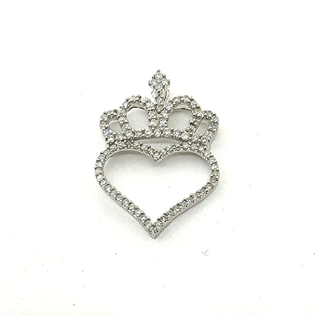Genuine Diamond Heart with Crown Princess Pendant 10K White Gold