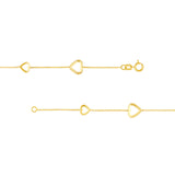 Box Chain Large and Small Heart Bracelet Station Style 14k Yellow Gold