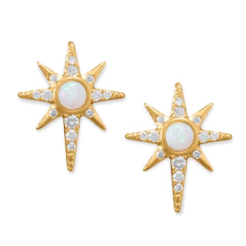 Northern Star Stud Earrings 14K Gold-plated Silver Cubic Zirconia and Synthetic White Opal