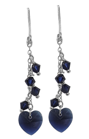 Sparkling Crystal Heart Cluster Dangle Earrings Sterling Silver - Dark Blue