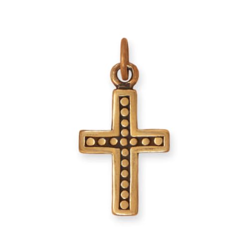 Cross Charm Beaded Center Antiqued Gold-plated Sterling Silver