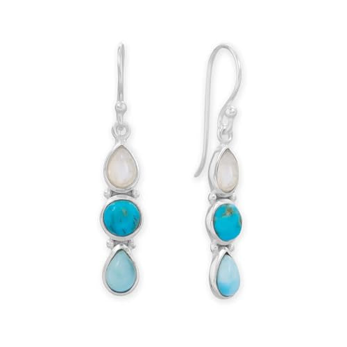 Sterling Silver Rainbow Moonstone, Reconstituted Turquoise, and Larimar Drop Earrings