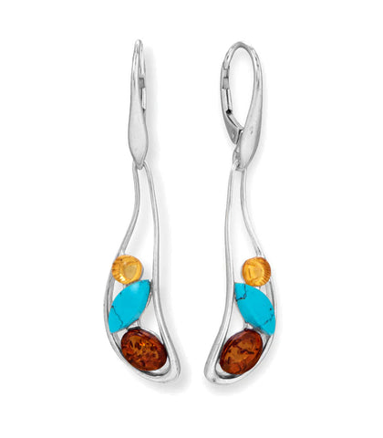 Baltic Amber and Reconstituted Turquoise Dangle Earrings Sterling Silver