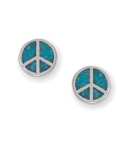 Turquoise Chip Inlay Stud Earrings with Peace Sign Sterling Silver - Made in the USA