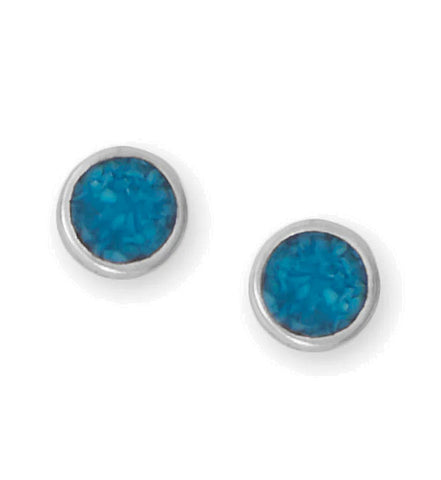 Turquoise Chip Inlay Round 5.5mm Stud Earrings Sterling Silver - Made in the USA