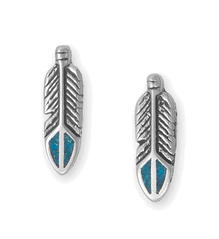 Feather Stud Earrings with Turquoise Inlay Sterling Silver - Made in the USA