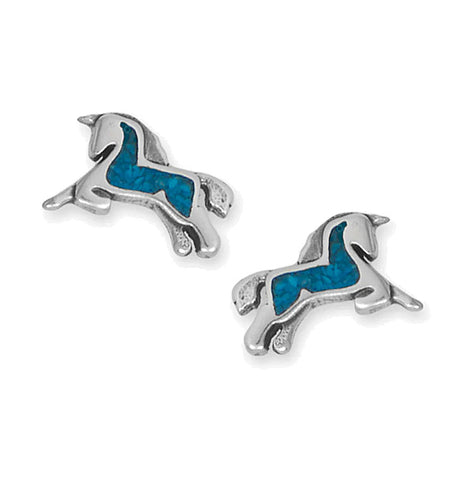 Prancing Unicorn Earrings with Turquoise Chip Inlay Sterling Silver - Made in the USA