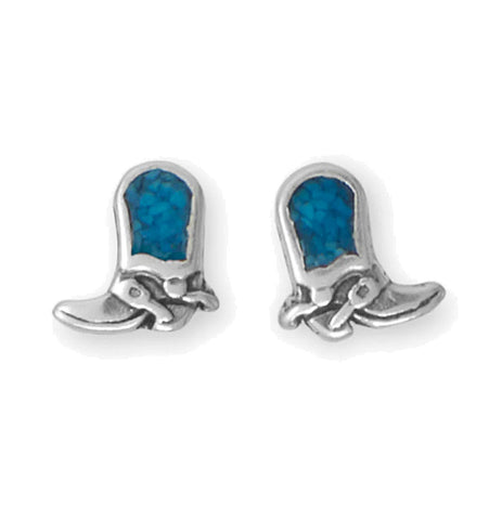 Cowgirl Boots Stud Earrings with Turquoise Inlay Sterling Silver - Made in the USA