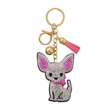 Chihuahua Dog Bag Charm Keychain with Crystals, Tassel, and Ball