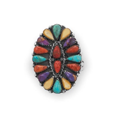 Multicolor Stone Flower Design Ring Sterling Silver - Handmade