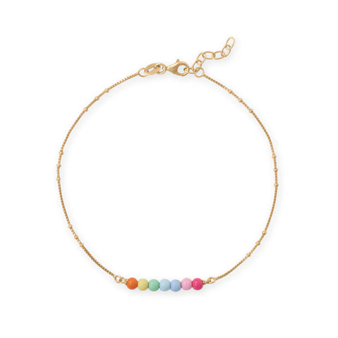 14k Gold-plated Silver Anklet with Rainbow Color Beads Adjustable, 9
