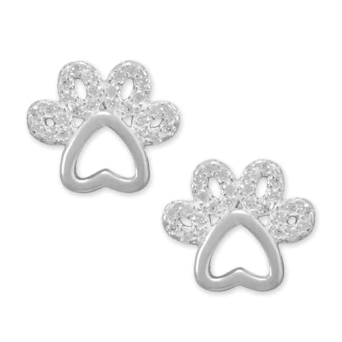 Paw Print Stud Earrings with Cut Out Heart Sterling Silver and Cubic Zirconia