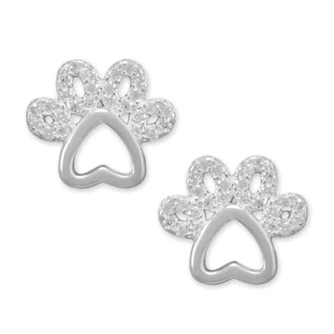 Paw Print Stud Earrings with Cut Out Heart Sterling Silver and Cubic Zirconia