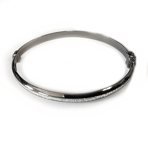 Oval Bangle Bracelet with Sparkle Strip Black Rhodium on Sterling Silver