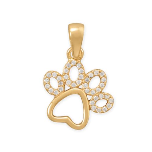 Paw Print Pendant with Sparkling Cubic Zirconia and Heart Cut Out 14k Gold-plated Silver