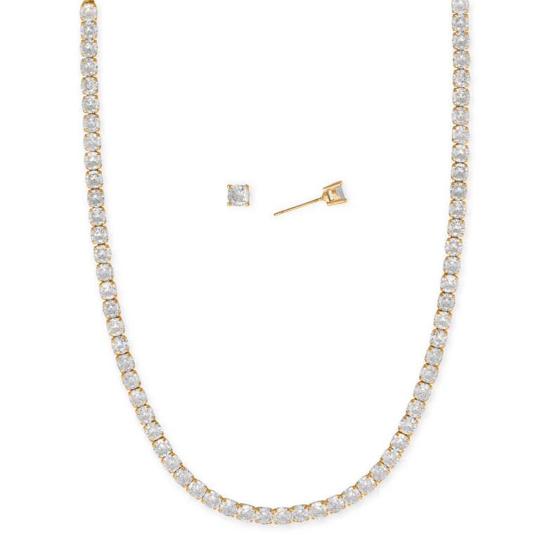 Cubic Zirconia Fashion Necklace and Stud Earring Set Gold Tone