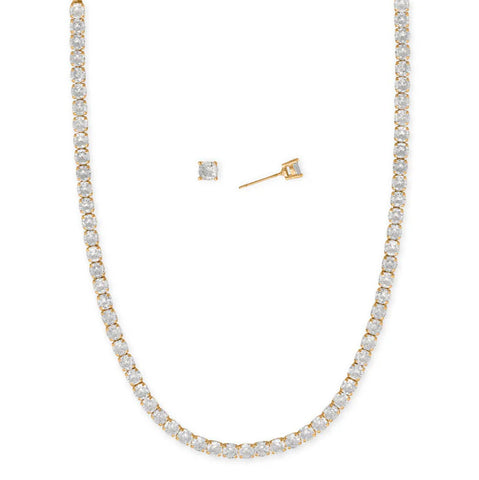Cubic Zirconia Fashion Necklace and Stud Earring Set Gold Tone