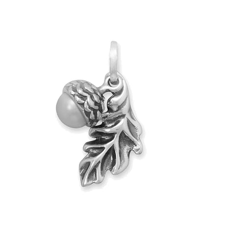 Acorn and Oak Leaf Charm Pendant with Cultured Freshwater Pearl Sterling Silver