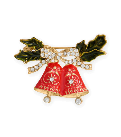 Holiday Jingle Bell Fashion Pin gold Tone with Crystals