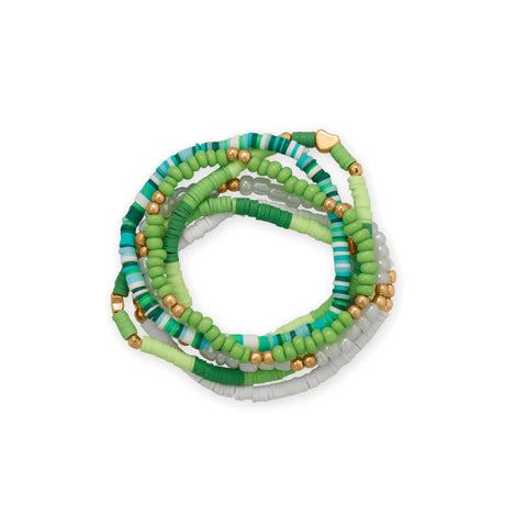 Friendship Stretch Bracelet Set of Six Green Teal White Gold Tone Beads