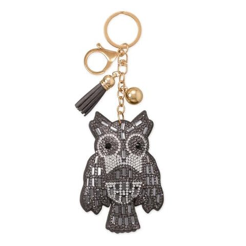 Grey Owl Bag Charm Keychain with Crystals, Tassel, and Ball