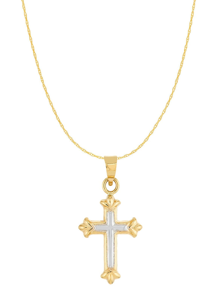14k Two-tone White and Yellow Gold Small Fleuree Cross Necklace 18-inch Chain