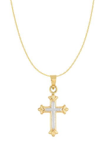 14k Two-tone White and Yellow Gold Small Fleuree Cross Necklace 18-inch Chain