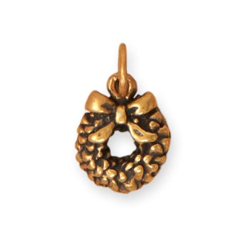Christmas Wreath Charm Gold-plated Sterling Silver Antiqued Finish