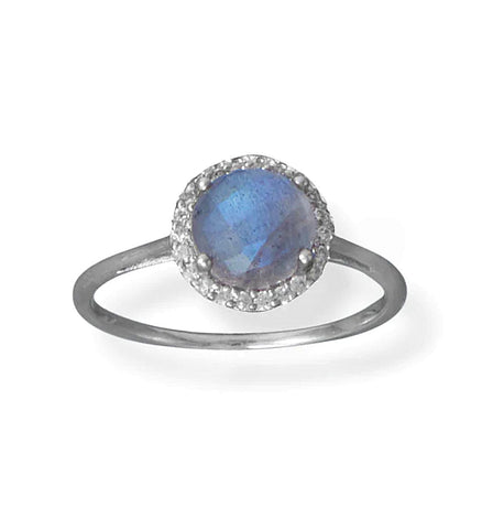 Labradorite Ring with Cubic Zirconia Halo Rhodium on Sterling Silver