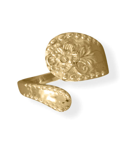 14k Gold-plated Silver Spoon Ring with Floral Design