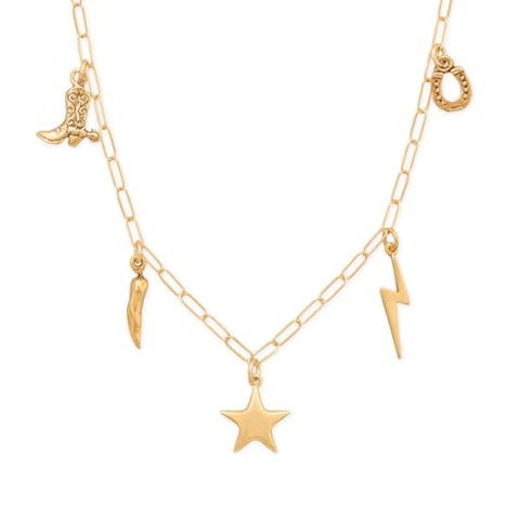 Southwestern Star Theme Paperclip Charm Necklace 14k Gold-plated Sterling Silver